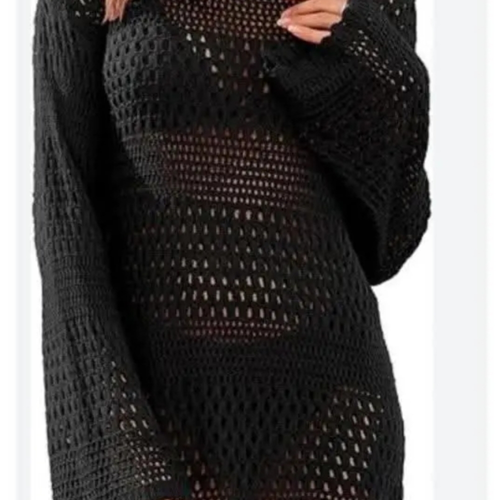 Black Open-Knit Long Sleeve Women’s Sweater Crochet